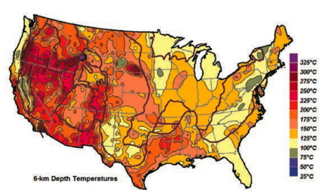 Geo-thermic map of the USA, based on helium isotope measurements. Source: treehugger.com
