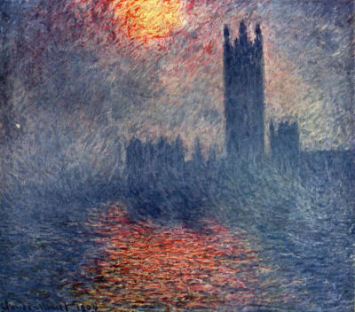 Houses of Parliament, London, Sun Breaking Through the Fog  by Claude Monet, 1904. Source: Musee d'Orsay, Paris