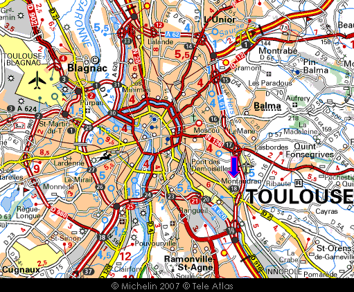 Michelin of Toulouse, with Cité de l'espace marked (blue arrow)