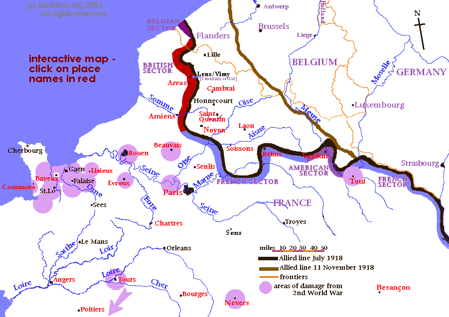 Northern France map showing cathedral towns and the zones affected by the two world wars of the 20th century.
