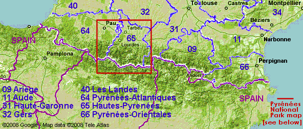 The Pyrenees mountain range, with   French departments