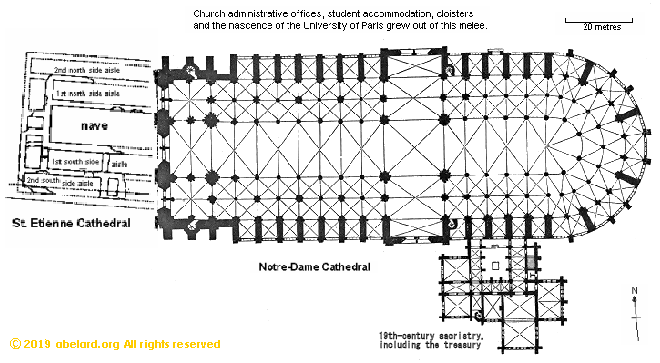 Floor plan showing both the previous cathedral, St. Etienne, and the current cathedral, Notre Dame