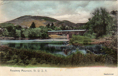 Ascutney covered bridge on a hand-coloured postcard, 1906