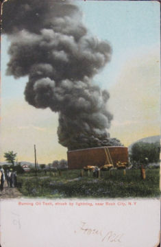 Oil tank struck by lightning, Rock City, NY, 1905