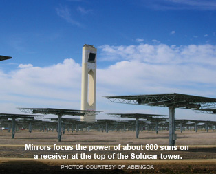 The Solucar Tower, the collecting point for the sun's energy reflected from mirrors.