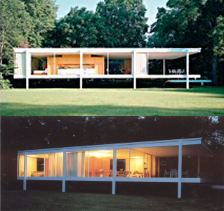 Farnsworth Residence, Plano, Illinois, by day and by night.