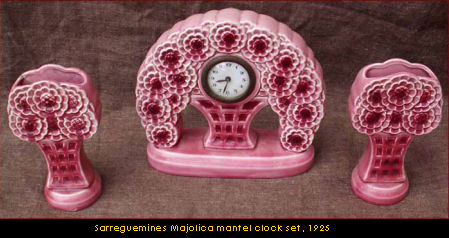 A Sarreguemines Majocia mantel clock set, 1925