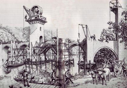Drawing of the construction of the fortified bridge at Cahors