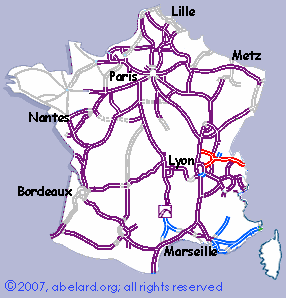 Motorways/autoroutes of France, showing the A42 and A40 autoroutes