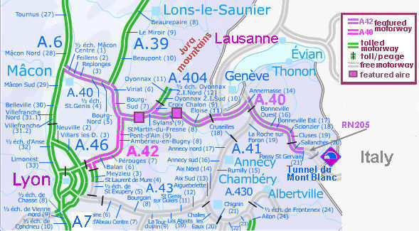 Route map showing the A40 and A42 autoroutes.