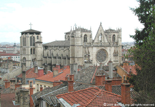 Lyon cathedral, nestled amongst houses of the original medieval city (Vieux Lyon)