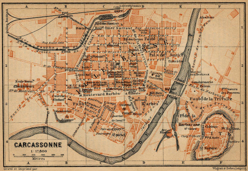 1914 map of both parts of Carcassonne. Image: Baedeker Guide.