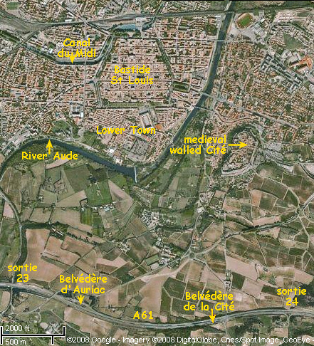 Interactive, satellite map of Carcassonne and neighbouring areas. Image: GoogleMaps, with additions