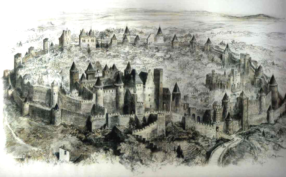 Engraving of the fortified town of Carcassonne. By Robida, c. 1910