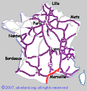 Motorways/autoroutes of France, showing the A9 autoroute