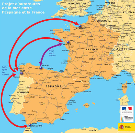 Map of proposed autoroutes de mer between France and Spain. Image: developpement-durable.gouv.fr