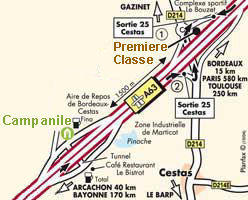 Sketch map showing the Cestas aire and locating the Campanile and Premiere Classe motels