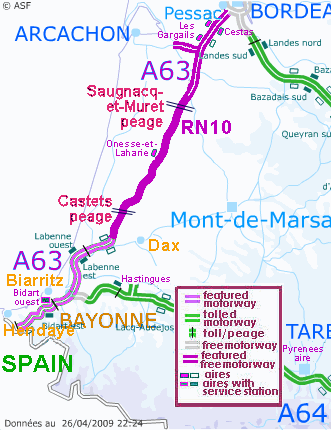 Route map showing the RN10 and the A63