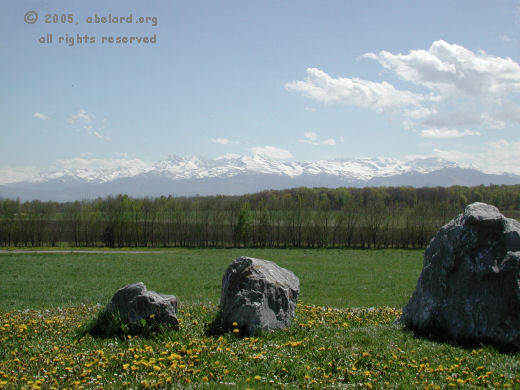 View of the Pyrenees mountain range from Le Pyrenees aire on the A64