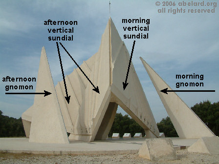 The Nef Solaire from the south, showing different parts of this multiple sundial structure