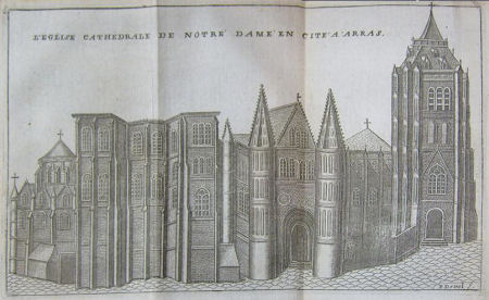 1720 coppperplate engraving of Notre Dame cathedral, Arras