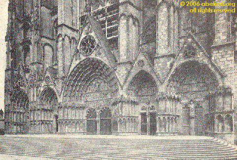 The five-arch portal at the west facade of Bourges cathedral.