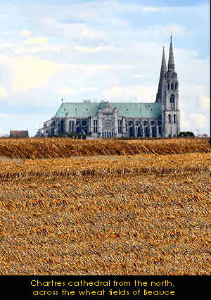 Chartres cathedral seen over wheat fields