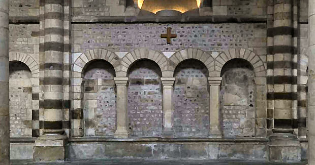stone seating along the side of the nave