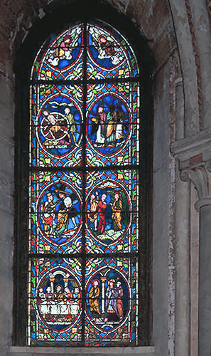 medieval stained glass at Noyon cathedral