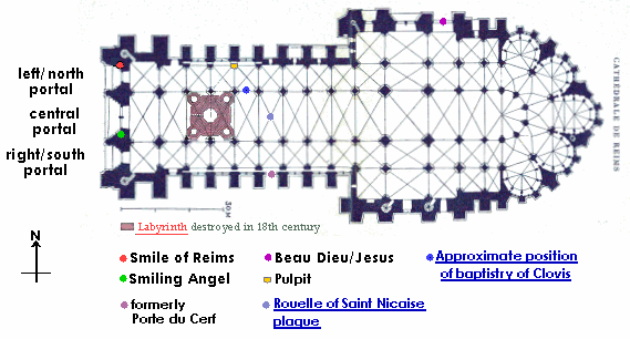 Plan of Reims cathedral, marking statues mentioned