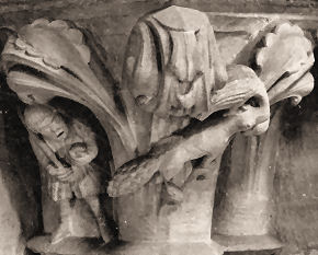 A fox has caught a goose to the disappointment of a peasant on this capital, Wells Cathedral