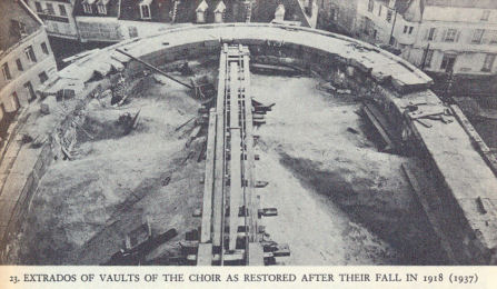 Exposed vaults of  Noyon cathedral,during restoration