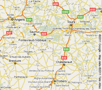 Google map centred on  Fontevraud Abbey