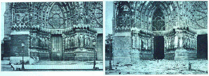 Before and after the shelling of the north porch of Reims cathedral during WW1