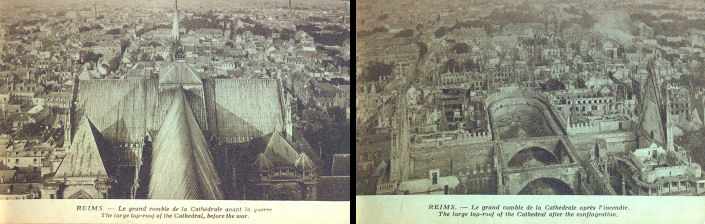The large top-roof of Reims cathedral. To the left: before WW1; to the right: after the fires caused by incendiary bombs. 