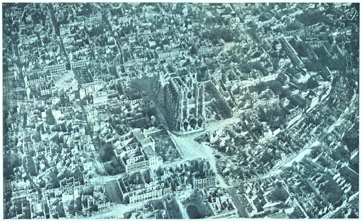aerial photograph showing the greater extent of devastation in the area of Reims around the cathedral