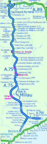 sketch map of the A75 from Clermont-Ferrand to Béziers