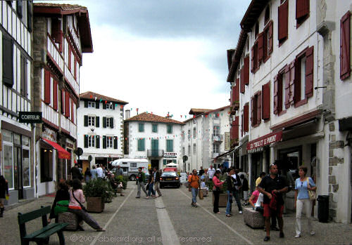 Espelette's main street, in Basque colours - red and white.