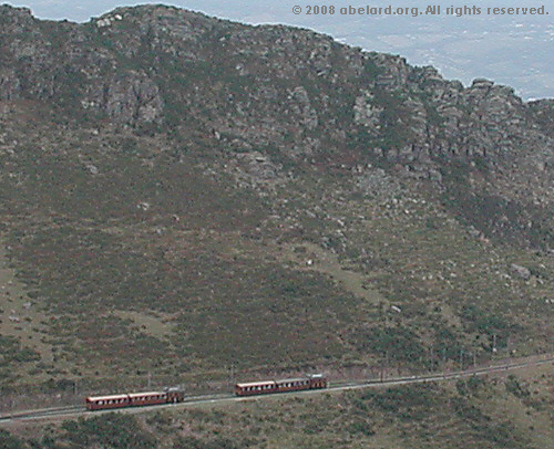 The two trains at the one passing place on this single-track funicular railway