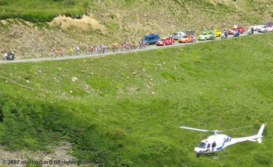 The Yellow Jersey group approaching the Port de Larrau at the top of the first steep HC climb on the 16th stage.