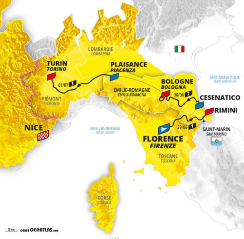 Map showing the three stages in Italy at the start of the 2024 Tour de France.