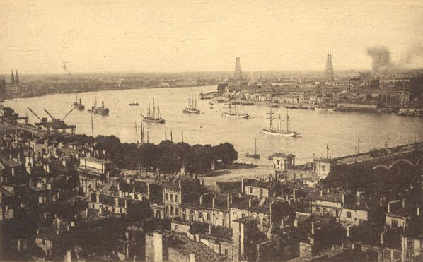 View of Bordeaux, with the transporter bridge towers piercing the sky-line