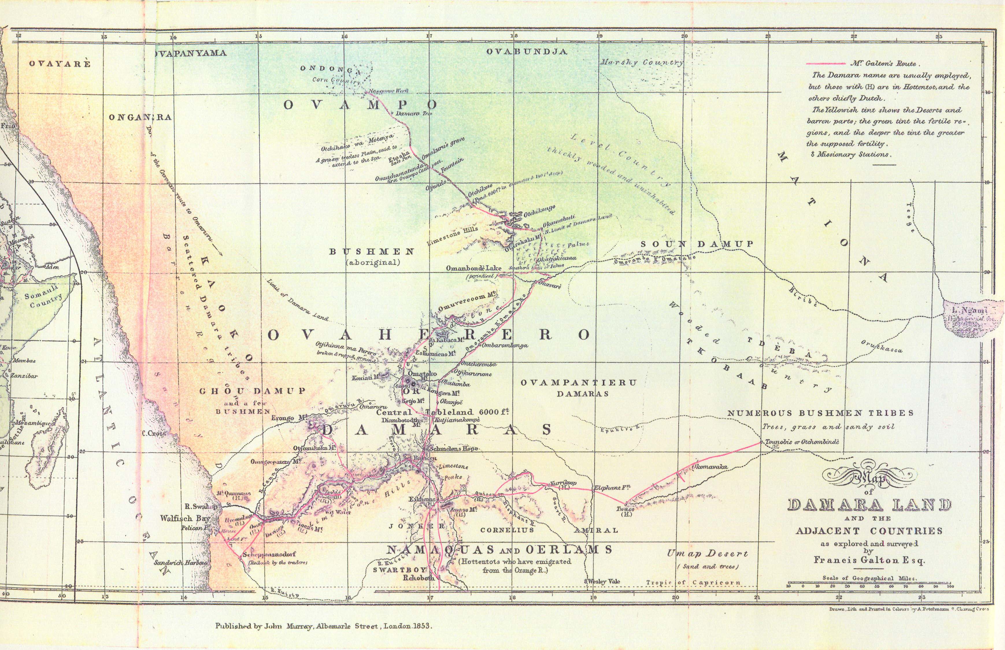 1853 map of Francis Galton's African explorations