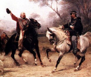 Victor Emmanuel meets Garibaldi at Teano. By Sebastiano De Albertis (1828-1897) Source: partecipiamo.it