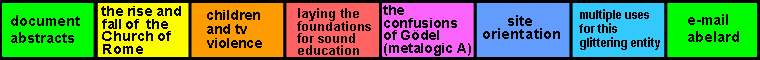 navigation bar ( eight equal segments) on 'interesting sites from abelard's news and comment zone' page, linking to abstracts, laying the foundations for sound education,why Aristotelian logic does not work,the logic of ethics,metalogic B1: decision processes, orientation, multiple uses for this glittering entity, e-mail abelard